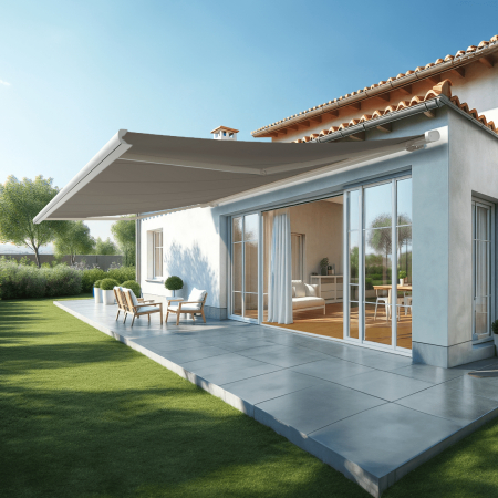 Tenda da sole SUZY 5,00x3,50 M - Motorizzata con telecomando + LED - Telaio: Bianco - Tessuto: Grigio chiaro S122  - 1